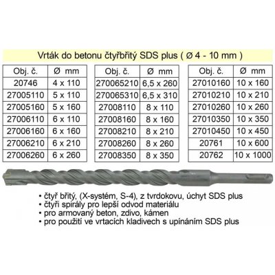 Vrták do betonu čtyřbřitý SDS plus 6,5x 260mm