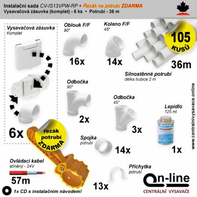 Cenově zvýhodněný instalační balíček potrubních rozvodů centrálního vysávání obsahuje: Vysavačová zásuvka (6 ks), řezák potrubí(1 ks), potrubí (34 m), potrubní díly (105 ks), instalační návod. Určeno – Zbozi.Blesk.cz