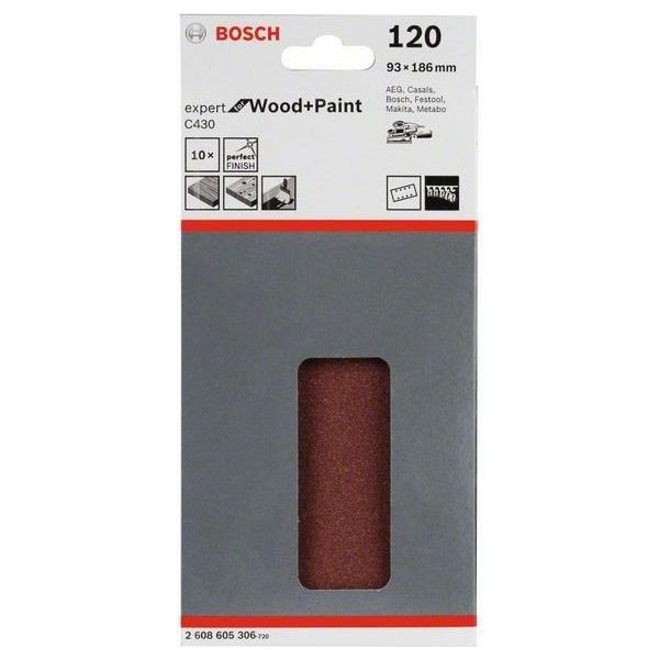 10x Brusný papír do vibrační brusky Bosch C430, 93x186mm, zr.120, 8 otvorů