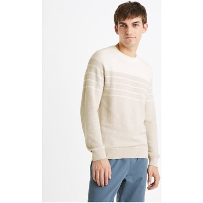 Celio pánský bavlněný svetr s pruhy Depicray bílo-krémový
