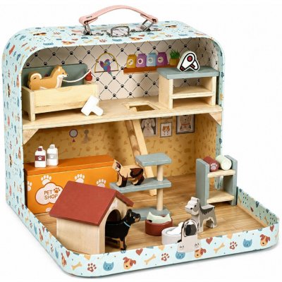 ECOTOYS EF4172 Dvoupatrový zvířecí obchod v kufříku, dřevěná sada, 23 doplňků – Hledejceny.cz