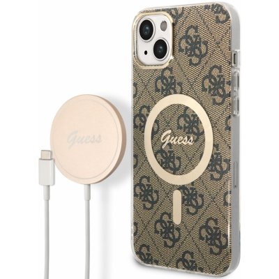 Pouzdro Guess 4G MagSafe Kompatibilní Zadní + Bezdrátová Nabíječka iPhone 14 Plus hnědé