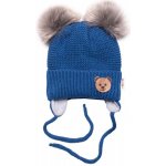 BABY NELLYS Zimní čepice s fleecem Teddy Bear chlupáčk. bambulky tm. modrá šedá – Zboží Dáma