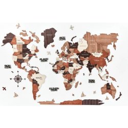 Dřevěná mapa světa na stěnu, 3D Barva: Hnědá, Velikost: S
