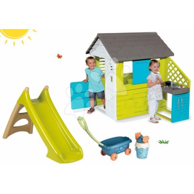 Smoby set domeček Pretty Blue Smoby s letní kuchyňkou a skluzavka Frozen Toboggan XS s vozíkem 810703-47 – Sleviste.cz