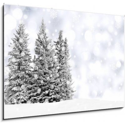 Obraz 1D - 100 x 70 cm - Snowy trees with twinkling silver background and snowflakes Zasněžené stromy s blikajícím stříbrným pozadím a sněhové vločky – Zboží Mobilmania