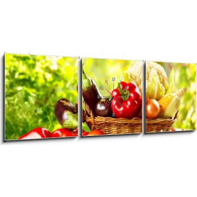 Obraz s hodinami 3D třídílný - 150 x 50 cm - Fresh Organic Bio Vegetable in a Basket over Nature Background Čerstvé organické bio zeleniny v koši nad přírodou pozadí – Zbozi.Blesk.cz