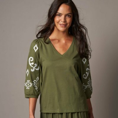 Halenka s 3/4 vyšívanými rukávy khaki/režná – Zboží Mobilmania