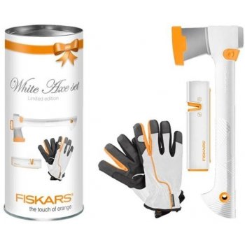 FISKARS set 129029 limitovaná edice bílá sekera, Xsharp ostřič, zahradní rukavice, papírová tuba