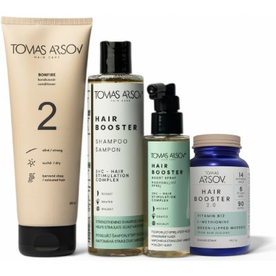 Tomas Arsov Podpora růstu pro barvené vlasy HAIR BOOSTER Šampon 250 ml + BONFIRE Oplachový kondiconér 250 ml + HAIR BOOSTER Podporující sprej 110 ml + HAIR BOOSTER 2.0 Doplněk stravy 90 kapslí set – Zboží Dáma