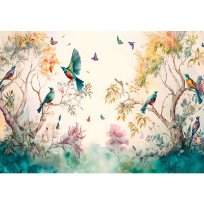 Postershop Fototapeta vliesová: Ptáci na stromech (malované) rozměry 368x254 cm