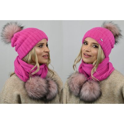 Fashionweek exkluzivní alpakový zimní set čepice a šála s bambulkami Jenot Zizi-AL4 Růžový neon – Zboží Mobilmania