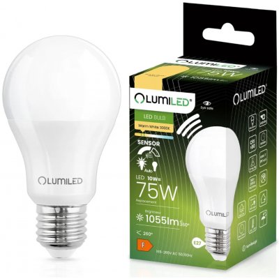 Lumiled LED žárovka E27 A60 10W = 75W 1055lm 3000K Teplá bílá 200° s pohybovým mikrovlným čidlem – Sleviste.cz