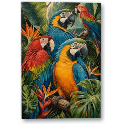 Plakát – Čtyři barevní papoušci v tropické zeleni Bez rámu Ne Bez rámu 30 × 45 cm – Hledejceny.cz