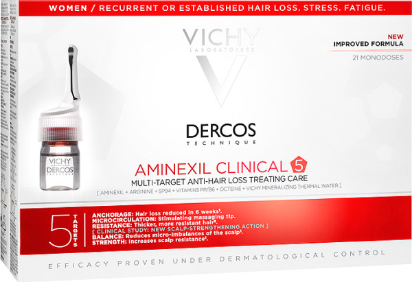 Vichy Dercos Aminexil Clinical 5 cílená péče proti vypadávání vlasů pro  ženy Mult-Targed Anti-Hair Loss Treating Care 21 x 6 ml od 1 111 Kč -  Heureka.cz