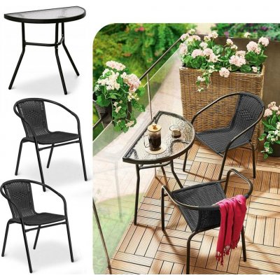 Crossheim C25006 Set Půlkulatý stůl + 2 židle PE rattan, černý – Sleviste.cz