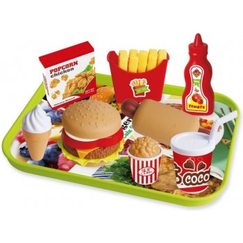Wiky Fast Food s táckem hamburger hranolky párek v rohlíku zmrzlina nápoj kečup kuřecí nugety vidlička nůž