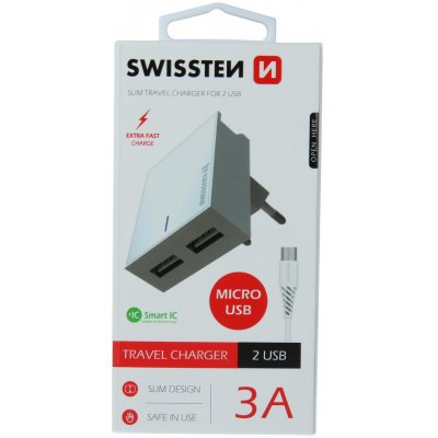 SWISSTEN SÍŤOVÝ ADAPTÉR SMART IC 2x USB 3A POWER + DATOVÝ KABEL USB / MICRO USB 1,2 M BÍLÝ – Zbozi.Blesk.cz