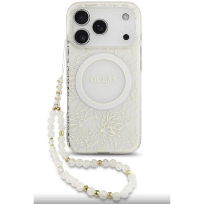 Guess IML Flowers Allover Strap MagSafe Zadní Kryt pro iPhone 17 Pro White – Zboží Mobilmania