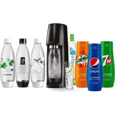 SodaStream Spirit Black + láhve FUSE 3 x 1l + Sirup Pepsi 440 ml + Sirup Mirinda 440 ml + Sirup 7UP 440 ml – Zboží Mobilmania