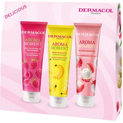 Dermacol Aroma Moment mix fruit bahamský banán sprchový gel 250 ml + divoká malina sprchový gel 250 ml + líbezné liči sprchový gel 250 ml dárkové balení – Zboží Dáma