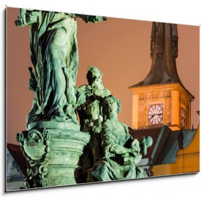Skleněný obraz 1D - 100 x 70 cm - Saint Ivo statue and Smetana clock-tower, Prague. Socha svatého Iva a hodiny Smetany – Zbozi.Blesk.cz