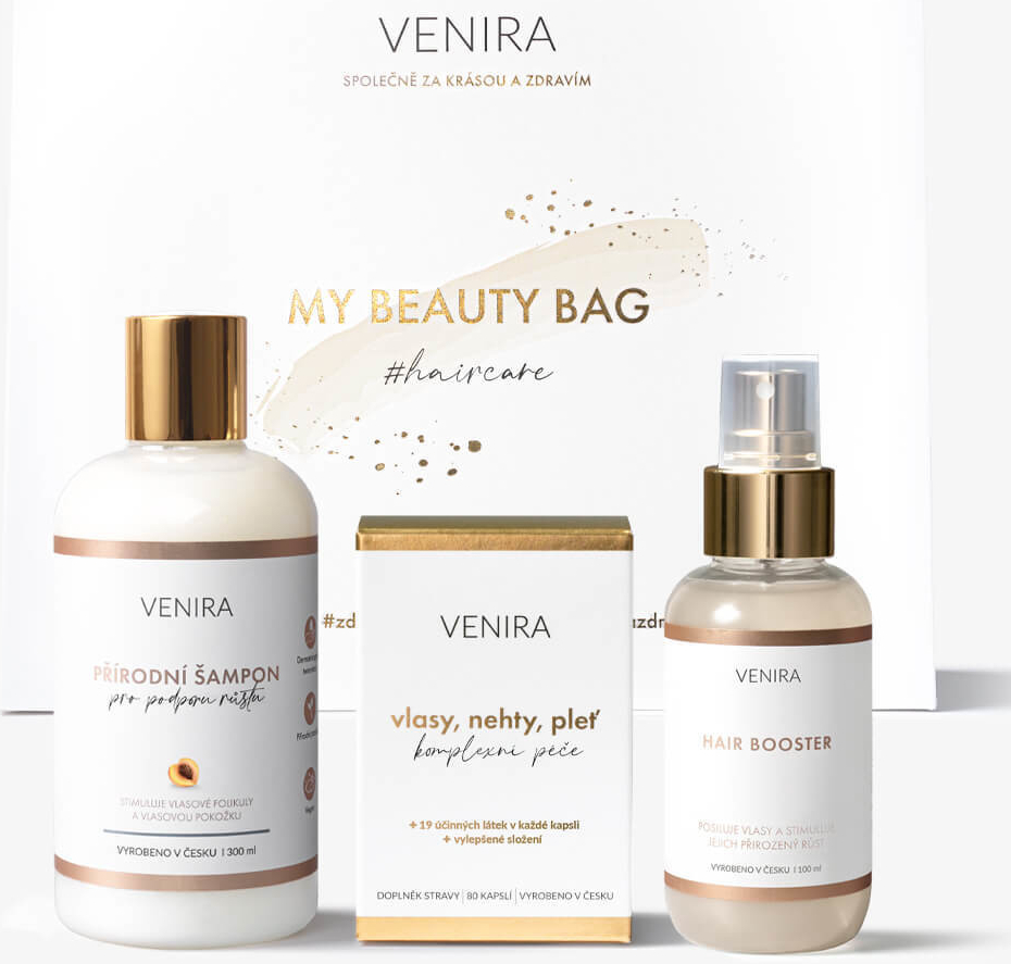 VENIRA beauty bag kapsle pro vlasy (80 kapslí), šampon pro podporu růstu vlasů (300 ml), vlasové sérum hair booster (100 ml)