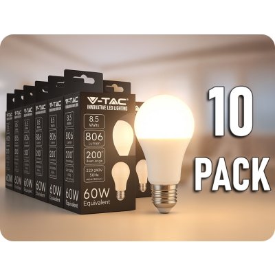 V-TAC E27 LED žárovka 8,5W, 806lm, A60/10-PACKTeplá bílá – Sleviste.cz