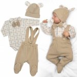 Baby Nellys Bavlněná souprava Gentleman 3D, body, polodupačky s láclem, čepička, béžová/kostička – Hledejceny.cz
