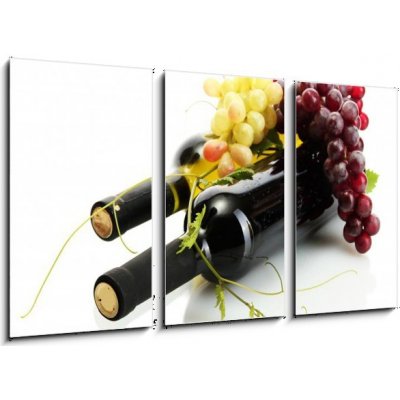 Obraz 3D třídílný - 90 x 50 cm - bottles of wine and ripe grapes isolated on white láhve vína a zralé hrozny izolovaných na bílém – Hledejceny.cz