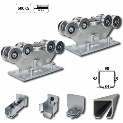 MEDIO-9 samonosný systém 98x98x5mm pro posuvné brány do 500kg / 8,5m otvor (C399M/Zn 1x 6m pozinkovaný profil, C3999M 2ks, C396M 1ks, C397M 1ks), intenzivní provoz – Zboží Mobilmania