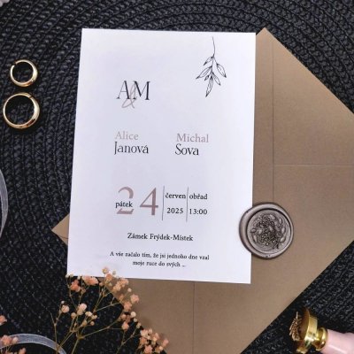 Svatební oznámení Jednoduché s monogramem 1 a větvičkou – Zboží Dáma