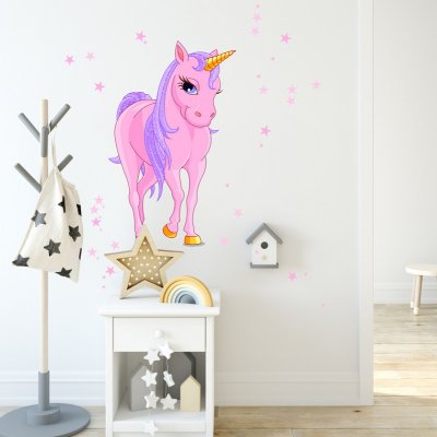 INSPIO Samolepka Samolepky na zeď pro holčičky - Růžový jednorožec hvězdy a oblaka, koně, jednorožci růžová, plnobarevný motiv rozměry 94x59