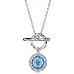 Šperky eshop Provlékací stříbrný náhrdelník kruh s čirými a modrými zirkony, neprůhledný tyrkysový zirkonový květ R20.01