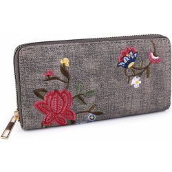 Dámská peněženka s vyšívanými květy šedá střední