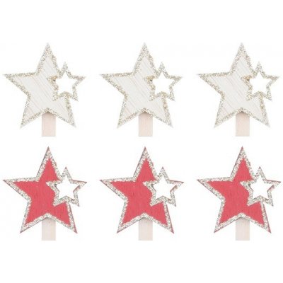 Hvězda dřevěná na kolíčku 4 cm červená a přírodní 6 ks – Sleviste.cz