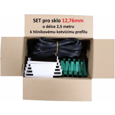 2,5m set pro 12,76mm sklo, k profilu AL-L121, AL-L131, AL-L141 a AL-L151. Obsahuje: těsnění AG-00 2,5m, AG-13 2,5m, podložka AP-K122 10ks., klín AP-K13 10ks. – Zboží Mobilmania