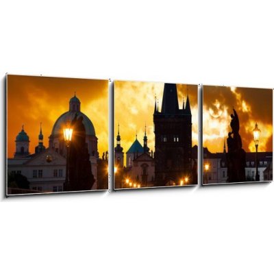 Obraz 3D třídílný - 150 x 50 cm - sunrise over Prague - look from Charles (Karluv) bridge východ slunce nad Prahou