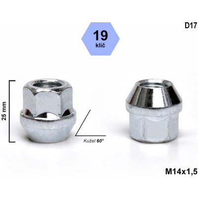 Kolová matice M14x1,5 kužel otevřená, klíč 19, D17, výška 25 mm – Sleviste.cz