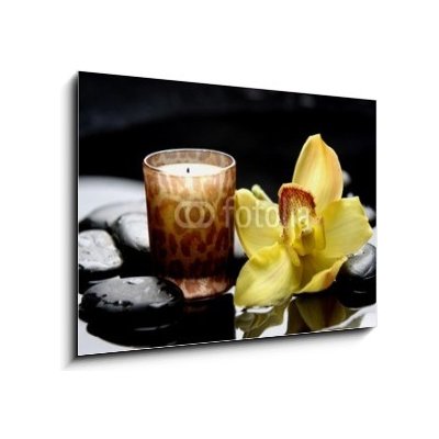Obraz 1D - 100 x 70 cm - aromatherapy candle and zen stones with yellow orchid reflection aromaterapeutické svíčky a zenové kameny se žlutým orchidejovým odrazem – Zboží Mobilmania