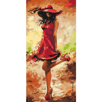 MALUJEŠ Malování podle čísel - KRÁSNÁ ŽENA V ČERVENÝCH ŠATECH Rozměr: 40x80 cm, Rámování: vypnuté plátno na rám – Zbozi.Blesk.cz
