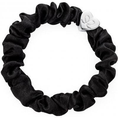 By Eloise Silver Heart Silk Scrunchie –⁠ Black