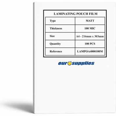 Laminovací fólie EUROSUPPLIES A4/200 matné - balení 100 ks (LAMPOA4000100M) – Sleviste.cz