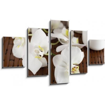 Obraz pětidílný 5D - 125 x 70 cm - Face cream and white orchid on a bamboo mate Krém na obličej a bílá orchidej na bambusové kamarádce – Zboží Mobilmania