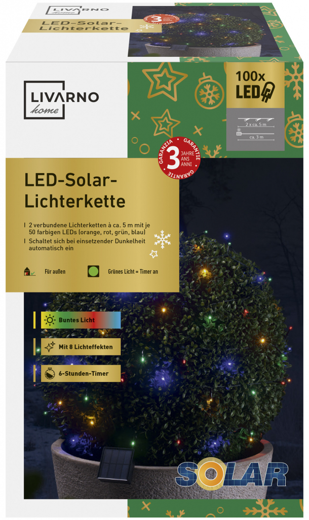 LIVARNO home Solární světelný LED řetěz 100 LED barevná