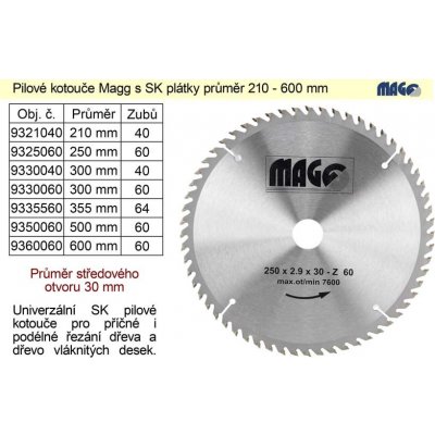 MAGG Pilový kotouč s SK plátky na dřevo 500x4,0x30mm/60 střídavě šikmé zuby 9350060