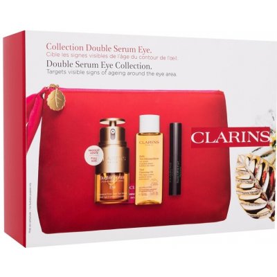 Clarins Double Serum Eye Collection oční sérum Double Serum Eye 20 ml + čisticí olej Total Cleansing Oil 50 ml + řasenka Supra Lift & Curl Mascara 3 ml 01 Intense Black + kosmetická taštička dárková s