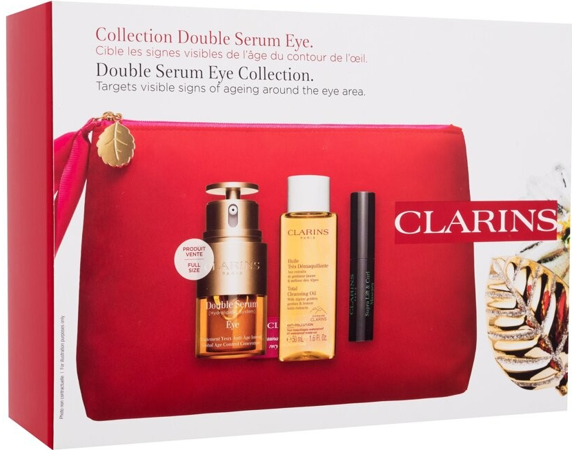 Clarins Double Serum Eye Collection oční sérum Double Serum Eye 20 ml + čisticí olej Total Cleansing Oil 50 ml + řasenka Supra Lift & Curl Mascara 3 ml 01 Intense Black + kosmetická