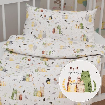 Biante dětské povlečení Sandra SA 652 Kočičí svět zeleno žlutý na bílém 90 x 120 cm 40 x 60 cm – Sleviste.cz