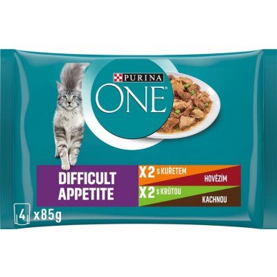 Purina One Difficult Appetite kuře a hovězí krůta a kachna ve šťávě 4 x 85 g – Sleviste.cz